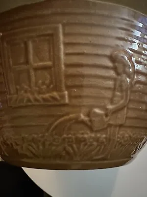 Antique McCoy Brown Pottery Bowl Girl Watering Can #166 USA 9” Garden Stoneware • $15.50