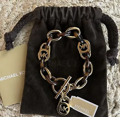 Nwt Michael Kors Chain Link Bracelet Tortoise Gold Toggle Mk Logo Chunky $125 • $49.99