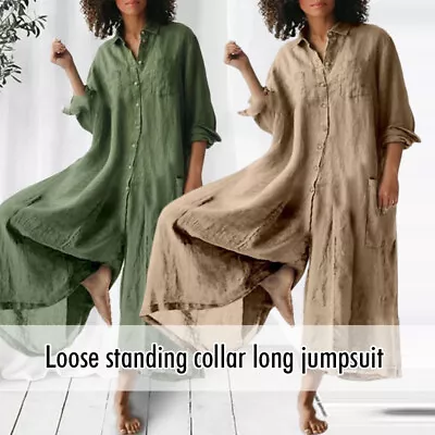 $39.88 • Buy Women Cotton Linen Loose Jumpsuit Wide Leg Long Dungarees Casual Playsuit Shirt