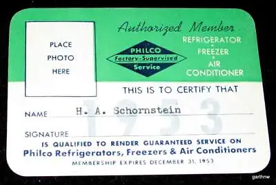 Philco 1953 Service Man Id Card Refrigerators Freezers & Air Conditioners • $20.51