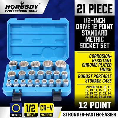 21Pc 12-Point Socket Set 1/2-inch Drive Grip Sleeve Storage Case Metric 8mm-36mm • $54.99