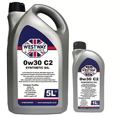 0W30 C2 Fully Synthetic Engine Oil 0w/30 For PSA B71 2312 - 6 Litres Blue HDi 6L • £36.99