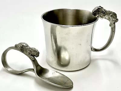 Old Newbury Vintage Pewter Child's Easter Bunny Cup W/ Matching Rabbit Spoon ￼ • $52.83