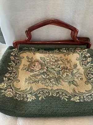 Vtg   Tapestry Floral  Design Green HandBag Bakelite Brown Handle Purse Bag • $16