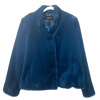 Dennis Basso Women's Size Large Fauz Fur Coat Solid Teal Blue Cropped Jacket • $54.99