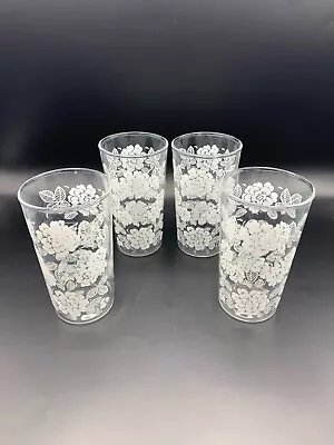 Set Of Four (4) Vintage Glasses Tumblers With Raised White Floral Lace Pattern • $16.99