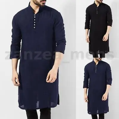 US STOCK Men Indian 100%Cotton Ethnic Kurta Long Sleeve Kaftan Shirts Tunic Tops • $22.72