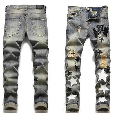 Men's Ripped Skinny Fit Stretch Denim Pants PU Stars Patchwork Distressed Jeans • $49.99