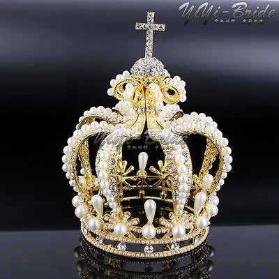 Mini Pearl Tiara Wedding Baroque Gold Cross Queen HeadBand Crown Royal Bride • $44.95