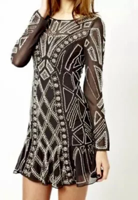 Needle And Thread Dress Mini Black Embellished Beaded Black Geo Pearl 12 M Short • £75