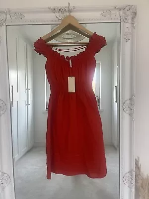 NEW Mango Red  Off The Shoulder Linen Summer Dress - Size Small UK 8 Free Post • £11.99