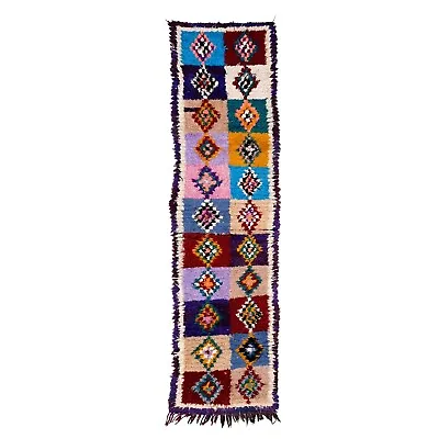 Moroccan Handmade Vintage Rug 2'3x8'8 Berber Checkered Funky Cotton Tribal Rug • $345