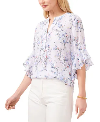 Vince Camuto Women's Floral-Print Half-Placket Blouse (Ultra White Small) • $27.18