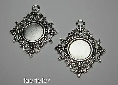 2 Silver Setting Tray Pendant Frames Blanks For 14 Mm Round Cabochons Rhombus • £2.95