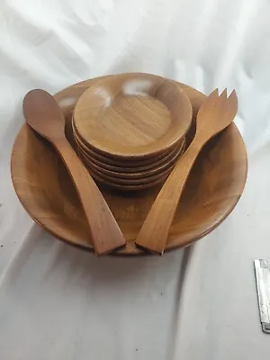 Vintage Walnut Wood Salad Bowl Set With Serving Utensils  9 Piece Set  • $25