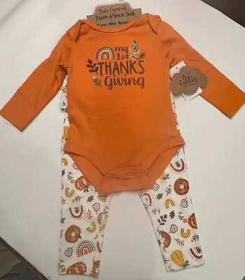 NWT Girls Baby Essentials “My 1st Thanksgiving” 4pc  Outfit +hat +bow Rainbow 9m • $20