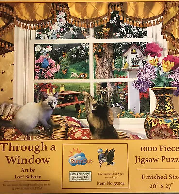1000 PUZZLE  Through A Window  PIECES ART LORI SCHORY Cats Raccoons Colorful ++ • $24.99