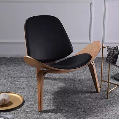 $298 • Buy 2022 Hans Wegner Style Mid-century Shell Chair Walnut Black Leather Cushion Sofa
