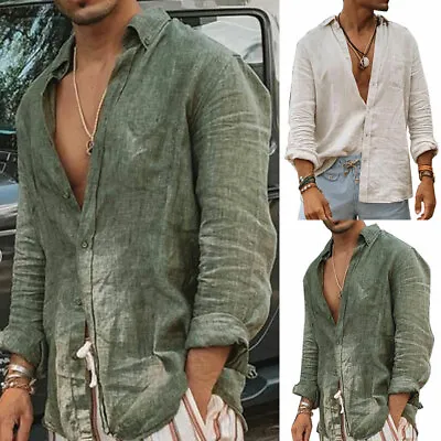 Mens Cotton Linen Shirt Long Sleeve Loose Blouse Button Down Shirts Casual Tops • $13.79