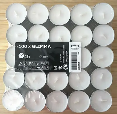 IKEA GLIMMA 100 Tea Light Candles Unscented White 38mm Wax Tealights 4hours • £11.20