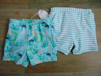 Baby Boys 2 X Integrated Integral Nappy Swim Shorts Swimsuit Blue Animal/Striped • £9.99