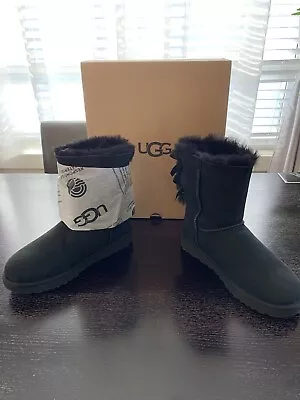 UGG Women's Bailey Bow II Sheepskin Suede Fur Winter Boots Black - Size 9 - NEW • $105.60