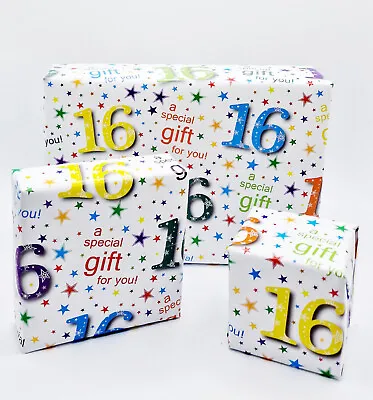 2 Sheets 16th Birthday Wrapping Paper 16 Giftwrap Unisex Multi White (PA-W36) • £2.49