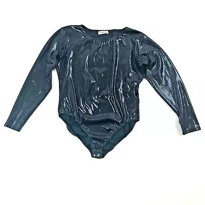 Vtg L/S Leotard Bodysuit Sz M/L Carlisle Black Glossy Sparkly Glam Stretch Knit • $29.97