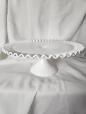 Fenton Pedestal Cake Plate Stand Milk Glass Ruffled Hobnail 12.75x5.5 Vintage UP • $46.74