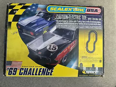 Scalextric Slot Car Set 1/32 69’ Challenge Pony Car Wars Camaro & Boss Mustang • $199.99