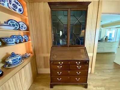 Antique English Inlaid Slant Front Mahogany Secretary Bookcase  • $11750