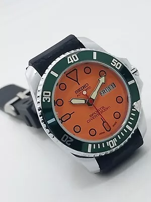 Seiko Automatic Rotating Bezel Orange Face Rubber Band Day/Date Wrist Watch • $84.99