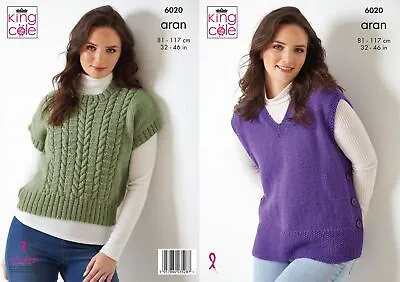 King Cole Aran Knitting Pattern Ladies Knit Top & Sleeveless Button Top (6020) • £4.99