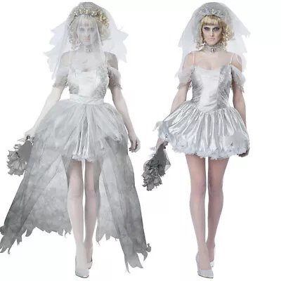 Zombie Bride Costume Women's Ladies Halloween Scary Ghost Masquerade Fancy Dress • £25.19