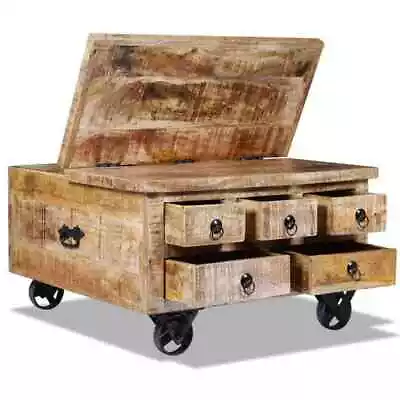 Industrial Coffee Table Rustic Mango Wood Storage Wheel Coffee Table Handmade UK • £194.99