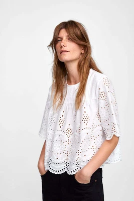$42.69 • Buy NEW Ladies ZARA WOMAN White Cutwork Embroidery Cotton Blouse Top XS