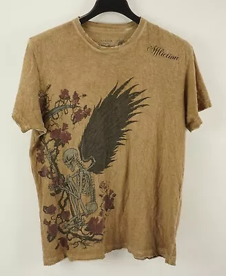 Affliction Mens XL Short Sleeve Brown Distressed Grim Reaper Skeleton Crew Shirt • $34.99