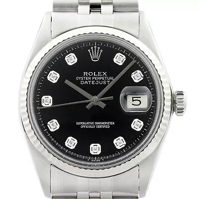 Rolex Mens Datejust 18K White Gold & Stainless Steel Black Diamond Dial Watch • $4295