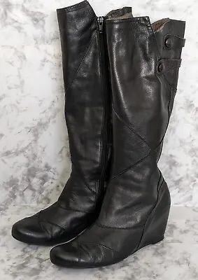 Miz Mooz Knee High Wedge Boots Women's 8.5 Black Soft Leather Side Zip Moto • $49.45