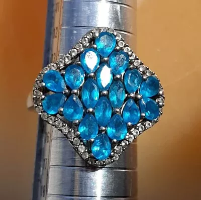 Vintage Ring Sterling Silver Aqua Marine Teal Blue Multi Stones Cluster Size 7  • $95