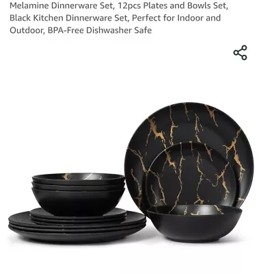  Melamine  (12) Pc Dinnerware Plate  Dishes Set Black And Gold  • $44.99