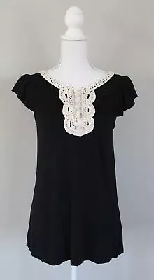 Anthropologie C KEER Vintage Crochet Trim Jersey Knit Top Size Small S • $10.49