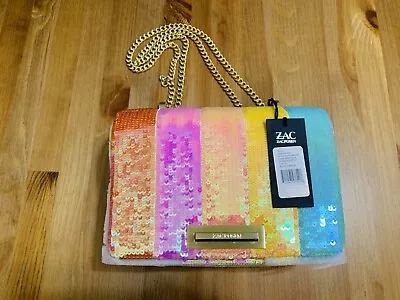 Zac Posen Soft Leather Chain Shoulder Rainbow Sequin Medium Bag NWT $395.00 • $99.99