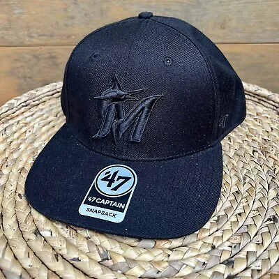 Miami Marlins MLB '47 Brand Captain Snapback Hat New Black On Black Adjustable • $18.79