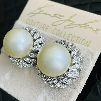 Vintage Kenneth Jay Lane KJL Pearl Rhinestone Silver Tone Clip On Earrings RARE • $99.99