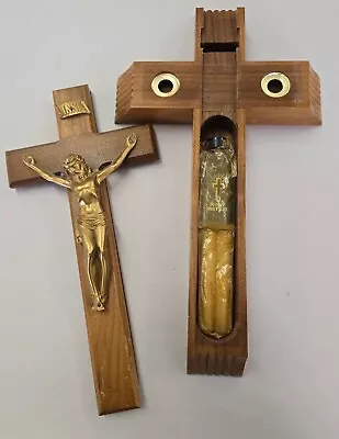 Vtg Catholic Wood Crucifix Cross Last Rites W Holy Water Bottle & Candles Unused • $27.50