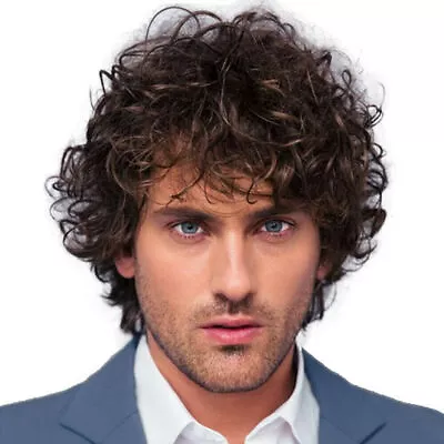 Mens Long Natural Curly Wavy Wig Hair Layered Fringe Cosplay Fancy Full Wigs* • £16.99