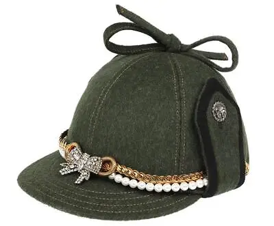 New Miu Miu Military Green Felt Wool Limited Add Jewelry Embroider Visor Hat S • $559.99