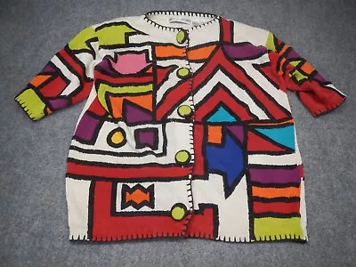 Michael Simon Cardigan Sweater One Size Embroidered Geometric Colorful Abstract* • $79.99