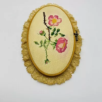 Hand Embroidered Picture Oval Flowers Roses Needlepoint Vintage • $16.97